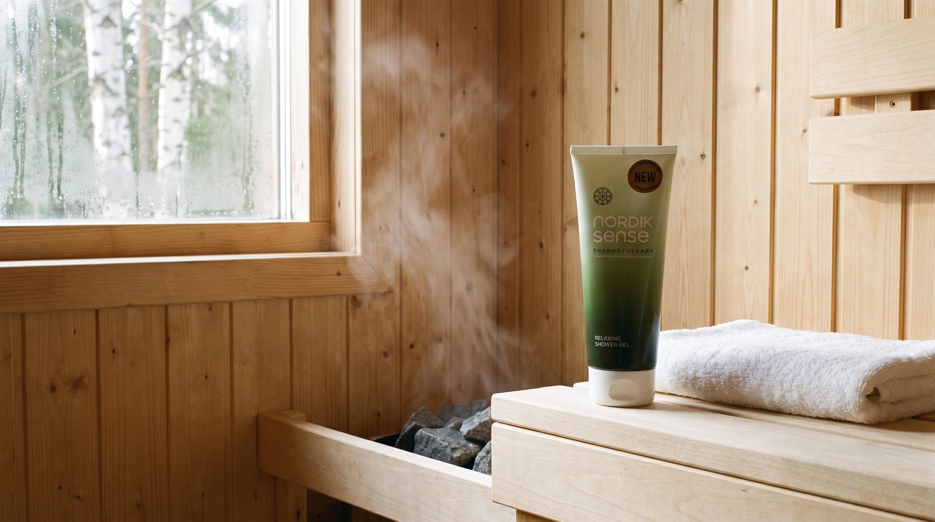 nordik sense relaxing shower gel op een bank in een houten sauna